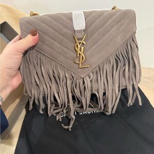Yves Saint Laurent Gray Fringe Suede Shoulder Bag